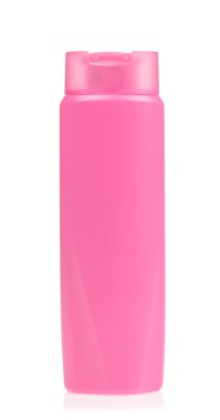 Beyaz arka planda izole edilmiş pembe plastik şampuan şişesi.