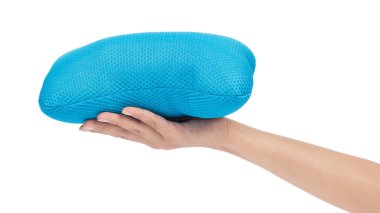 hand holding neck pillow isolated on white background