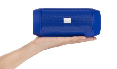 hand holding bluetooth loudspeaker isolated on over white backgr