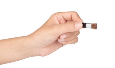 hand holding small brush isolated on white background.