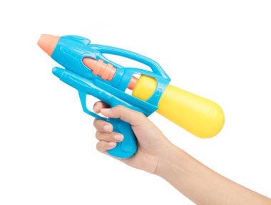Gun water toy on hand isolated on a white background