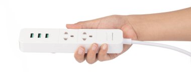 Hand holding White socket electric power bar 2 outlet with 3 USB