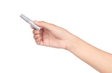 hand holding stick of color glitter gel isolated on white backgr