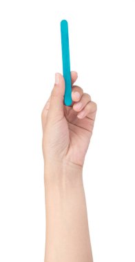 hand holding Wooden ice cream stick isolated on white background