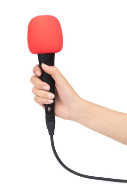 hand holding a microphone with sponge on head isolated on white 
