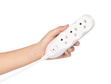 Hand holding Plug socket electric power bar three outlet on whit