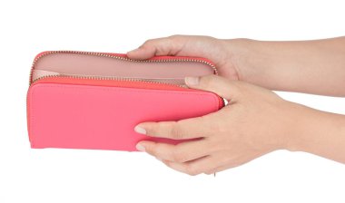 Hand holding Pink Leather Large Zipped Wallet long isolated on w