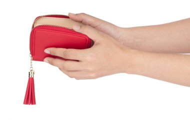 Hand holding Coin Purse classic red isolated on white background