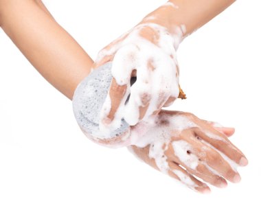 Washing of hands with soap and sponge Isolated on white backgrou