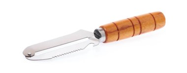A wood knife peeler isolated on a white background.
