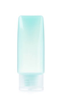 small plastic bottles of hygiene products  isolated on white bac