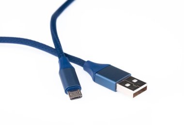 Blue USB-Lightning mobile charging cable isolated on white backg