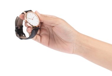 hand holding Wrist Watch isolated on white background