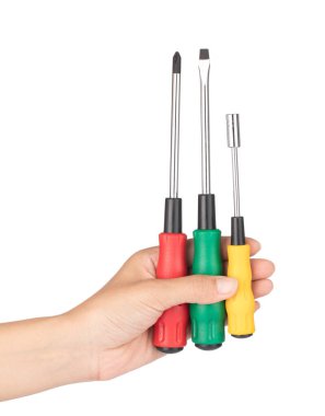 hand holding set of tools screwdriver for repair isolated on a w