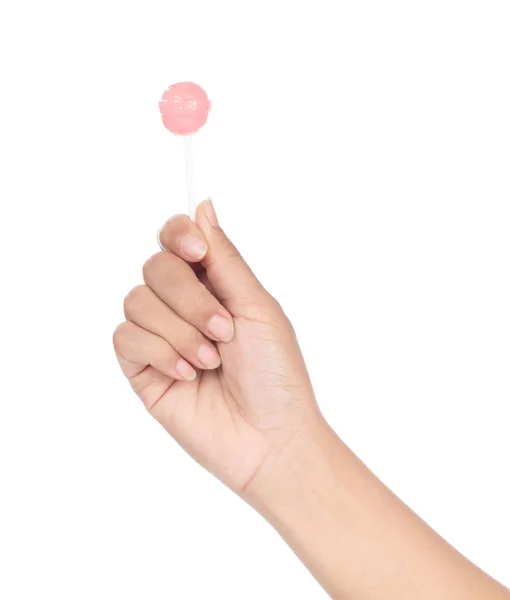 Hand holding lollipop candy isolated on white background — Stockfoto