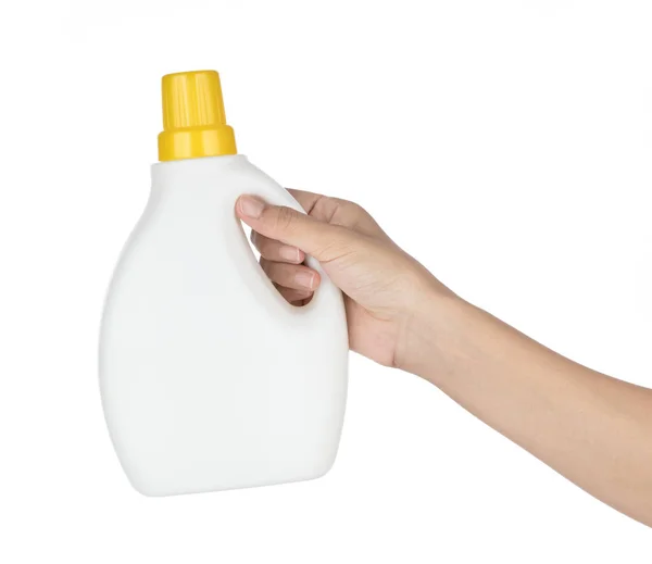 Kézben tartott folyékony mosószer, fehér alapon izolálva — Stock Fotó
