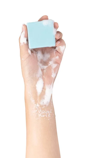Lavarse la mano con jabón aislado sobre fondo blanco — Foto de Stock