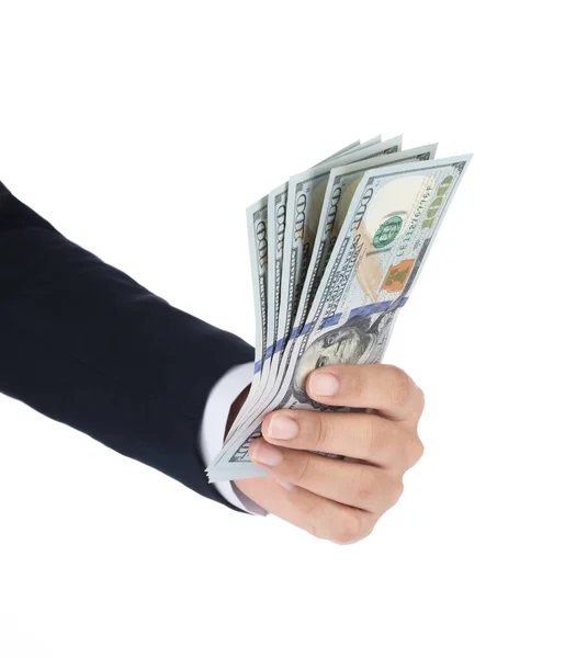 Businessman hand holding money dollars, 100 US dollar banknote i — ストック写真