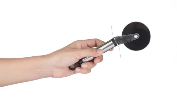 Hand holding Stainless Steel Pastry Pizza Cutter isolated on whi — Stok fotoğraf