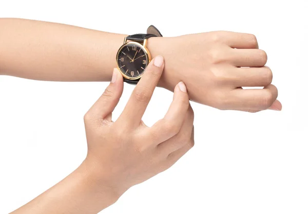 Крупним планом розкішний годинник на зап'ясті людини ізольований на білому фоні — стокове фото