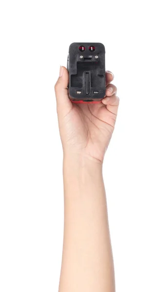Hand holding 3 pin mains plug isolated on white background — Stock Photo, Image
