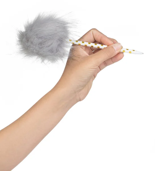 Hand holding Fluffy Ball Pen isolated on white background — Stock Photo, Image