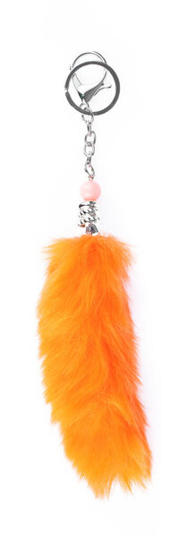 Orange keychains fox tail fur isolated on white background