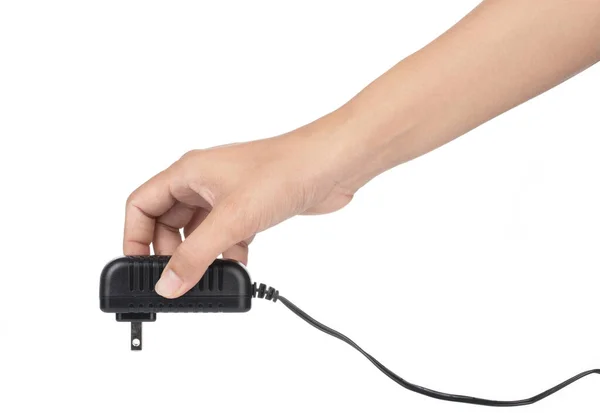 Adaptador de mano de CA a CC de potencia negra aislado en la espalda blanca —  Fotos de Stock