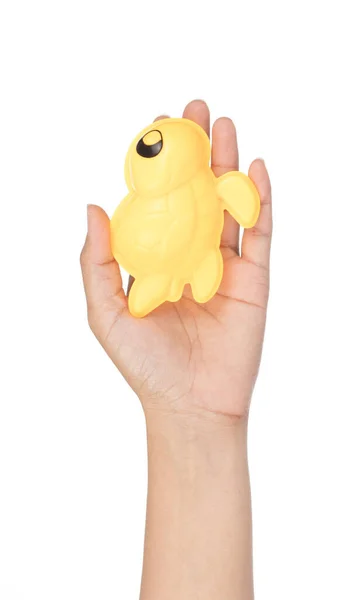 Hand holding plastic turtle of beach toy isolated on white backg — 图库照片