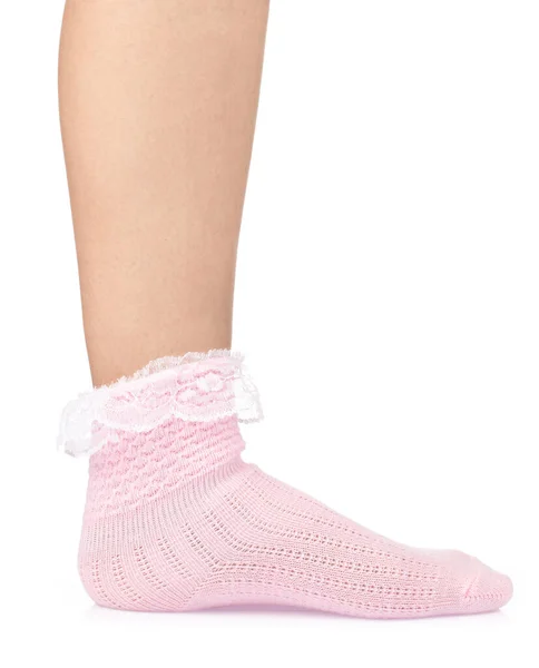 cotton sock with lace on beautiful woman\'s feet isolated on whit