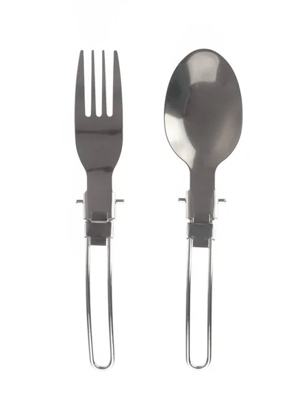 Stainless fork and spoon Foldable design isolated on a white bac — Stock Photo, Image