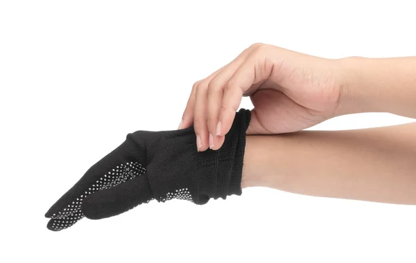 Hand wearing a black gloves isolated on white background — 图库照片