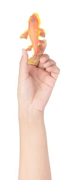Mão segurando peixe brinquedo isolado no fundo branco — Fotografia de Stock