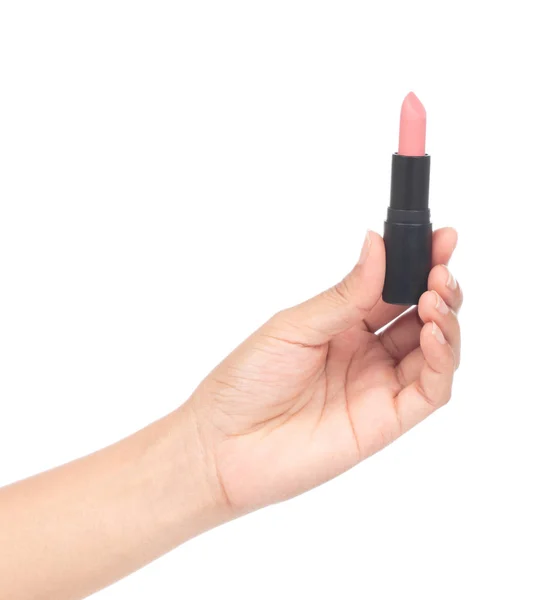 Hand holding Nude lipstick tube isolated on white background. Pi — 图库照片