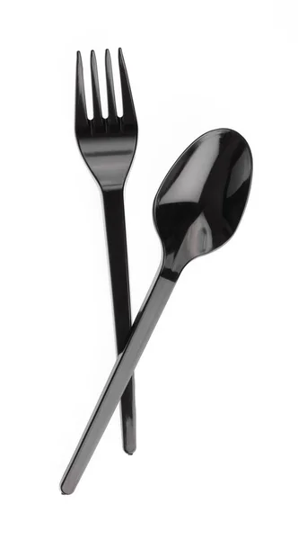 Black plastic spoon and fork isolated on white background. — Stock Photo, Image