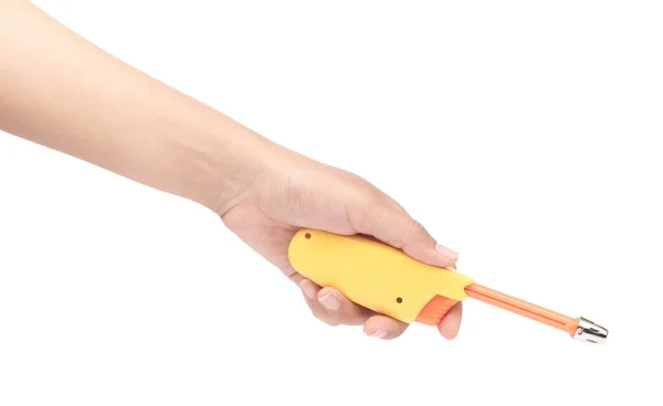 Hand holding Gas lighter gun for gas-stove isolated on a white b — 스톡 사진