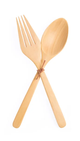 Cucchiaio e forchetta in legno isolati su fondo bianco — Foto Stock