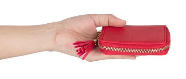 Hand holding Coin Purse classic red isolated on white background — 图库照片