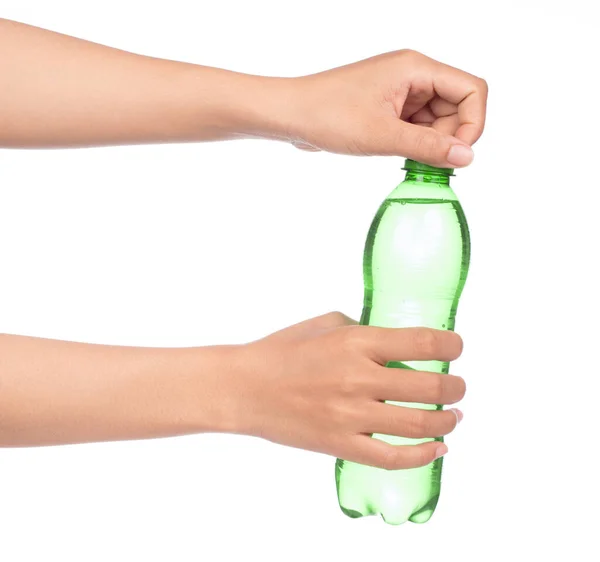 Hand Holding Plastic Bottle Aerated Soft Drink Isolated White Background — Stok fotoğraf