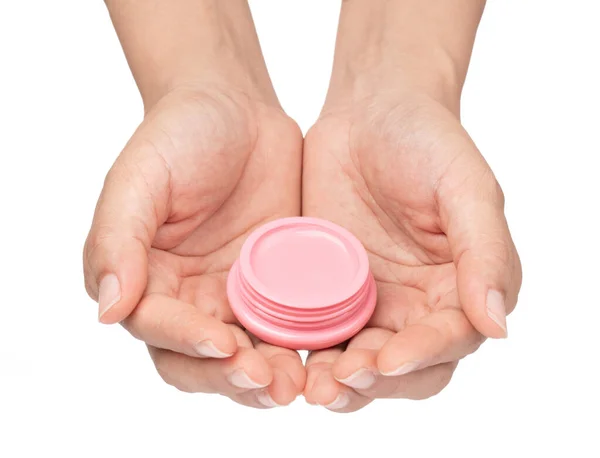 Hand hålla Lip Balm isolerad på vit bakgrund — Stockfoto