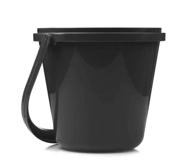 Black plastic bucket for water isolated on white background — Stok fotoğraf