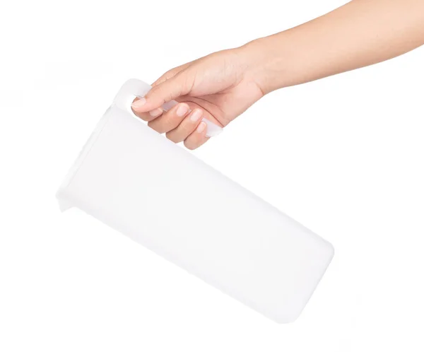 Brocca di plastica tenuta a mano isolata su sfondo bianco — Foto Stock
