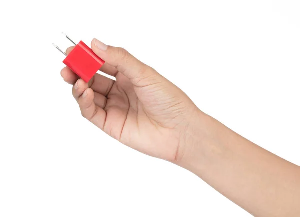 Adaptador de enchufe de mano rojo de USB aislado en bac blanco — Foto de Stock