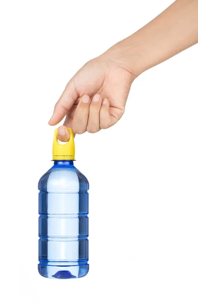 Hand holding Plastic bottle of drinking water isolated on white — Stockfoto
