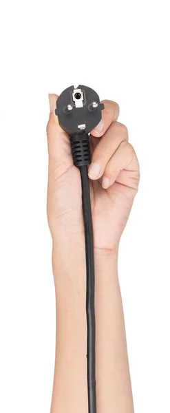 Mão segurando ficha elétrica isolada em um fundo branco — Fotografia de Stock