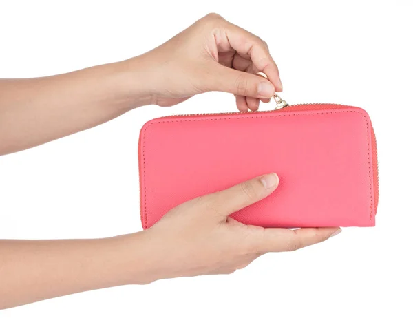 Рука тримає рожеву шкіряну велику блискавку гаманець довго ізольовано на w — стокове фото