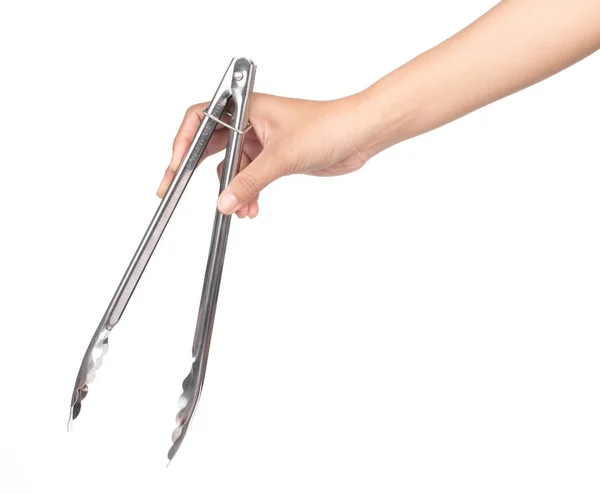 Pinzas de mano con cuchara de acero aisladas sobre fondo blanco — Foto de Stock