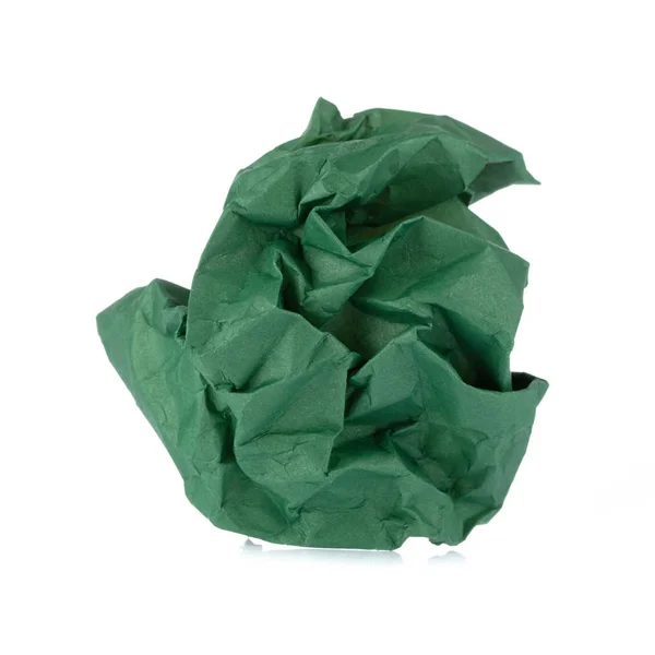 Crumpled up piece green of Paper isolated on white background — Stock Photo, Image