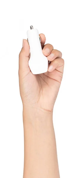 Hand holding USB car charger on white background. — Stock Photo, Image