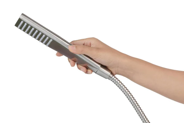 Tangan memegang shower Modern terisolasi pada latar belakang putih — Stok Foto